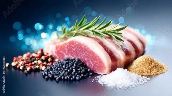 Fototapeta Piece of meat seasoned with spices and herb sprig raw meat prepared with aromatic herbs and various spices