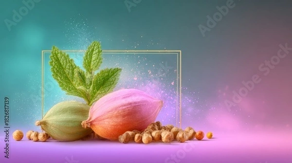 Fototapeta Framed arrangement of nuts with vibrant green leaf variety of nuts and vivid green leaf presented within frame