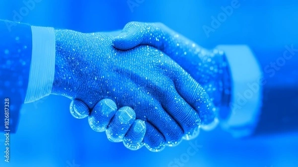 Fototapeta Two hands shaking signify agreement people shake hands showing partnership on blue