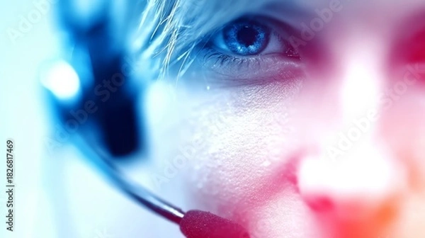 Fototapeta Woman with headset on blue background focused woman uses communication device in blue setting