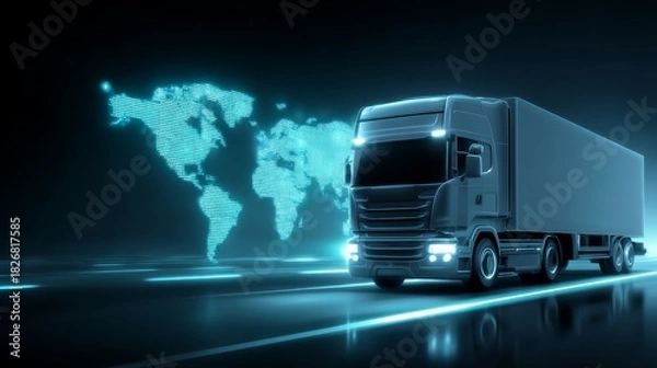 Fototapeta Global shipping truck on highway with world map transport truck symbolizes worldwide freight and delivery