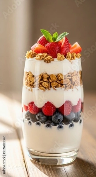 Obraz Healthy refreshing delicious yogurt parfait with fresh mixed berries and granola layered beautifully in a glass