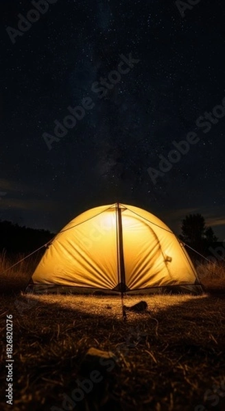 Obraz A glowing camping tent shines brightly under a breathtaking night sky filled with countless twinkling stars