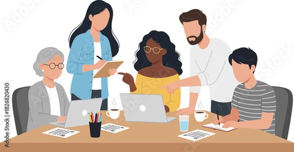 Fototapeta Diverse Group of Professionals Engaged in Collaborative Meeting with Laptops and Notes Creating a Dynamic Teamwork Environment