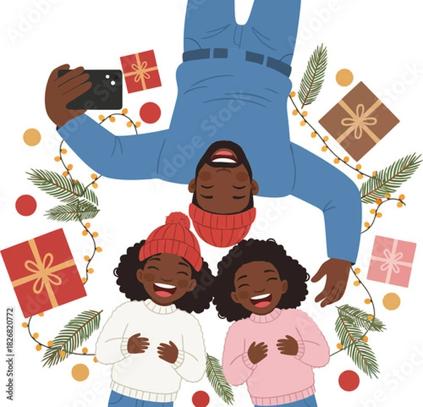 Fototapeta Joyful diverse children celebrating Christmas with gifts and festive decorations with a minimal transparent background emphasizing holiday cheer and