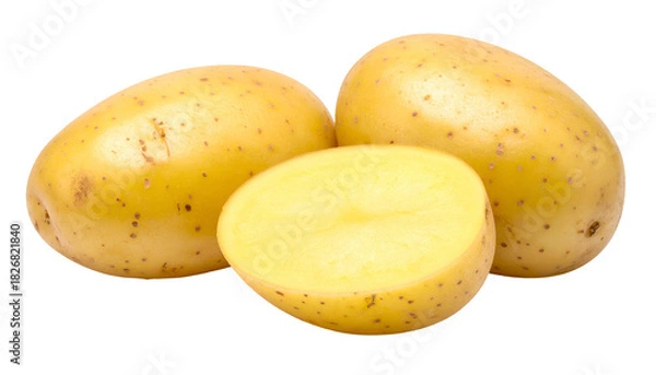 Obraz Three potatoes, one halved, showing exterior skin with speckles and creamy, pale flesh