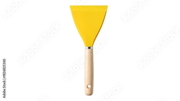 Fototapeta Bright yellow scraper tool with wooden handle isolated on  white background