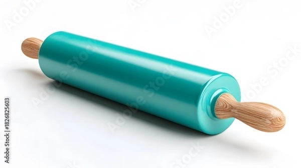 Fototapeta Modern Teal Rolling Pin with Wooden Handles on White Background