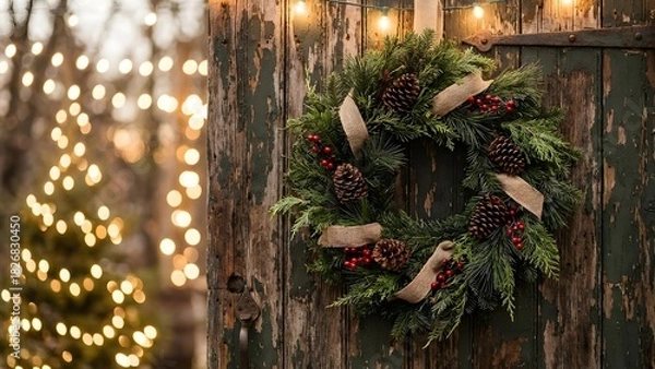Obraz Christmas wreath on rustic wooden door, soft bokeh lights