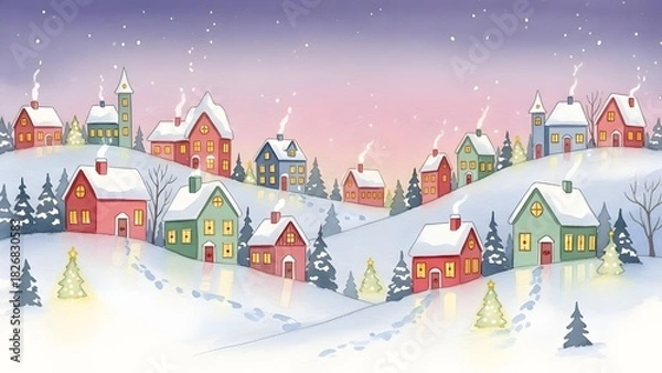 Obraz Soft watercolor christmas village, glowing windows, realistic, highly detailed photography