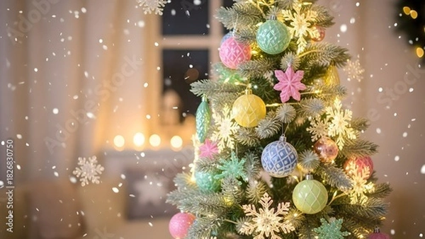 Obraz Pastel christmas tree with soft snowflakes, realistic, highly detailed photography