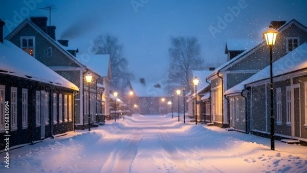 Obraz Gentle snowfall over a quiet winter town