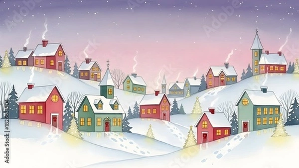 Obraz Soft watercolor christmas village, glowing windows, realistic, highly detailed photography