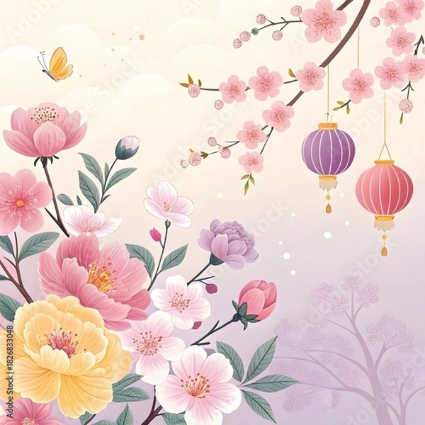 Obraz Enchanting floral bloom with butterfly and lanterns, a captivating spring blossom design perfect for invitations and sophisticated backgrounds, romantic and elegant