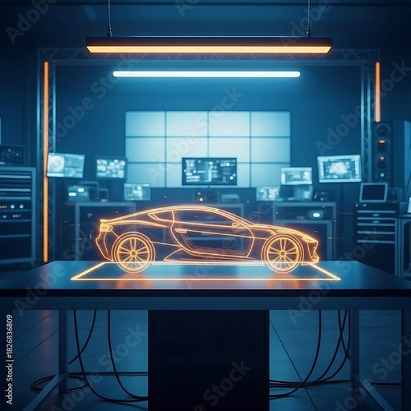 Obraz Advanced car design studio with holographic projection and modern technology