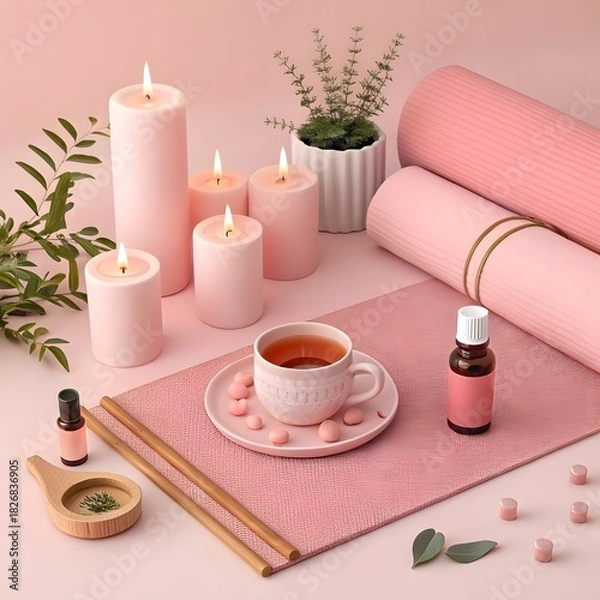 Obraz Elegant wellness scene with yoga mat, aromatherapy oil, tea, and candles for a mindful, relaxing, and balanced lifestyle in soft pink tones