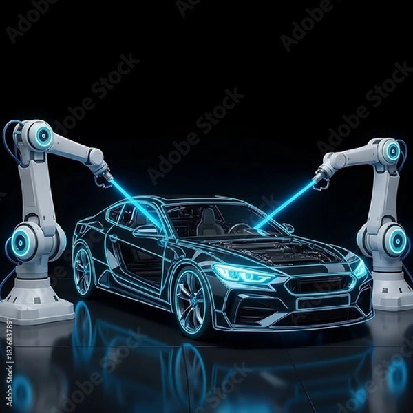 Obraz Futuristic car manufacturing with robotic arms and laser technology concept