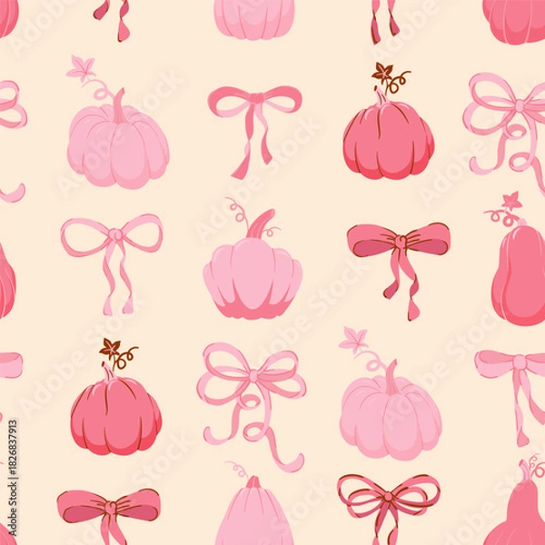 Fototapeta Seamless pattern pumpkins in Coquette preppy bows trellis for fall holidays, Thanksgiving textiles