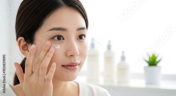 Obraz Young asian woman carefully applying eye cream under her eye with her fingertip for skincare routine