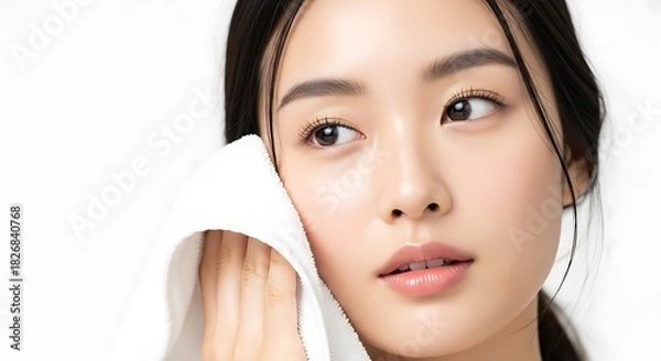 Obraz Young asian woman gently patting her face dry with a soft white towel against a bright background