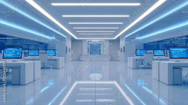 Obraz Modern office interior with high-tech workstations and bright lighting features in a clean, spacious environment