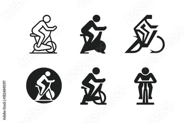 Fototapeta Indoor Cycling Icons. A person practicing indoor cycling, focused on endurance and intensity. Icon set. Set Logo of A person practicing indoor cycling, focused