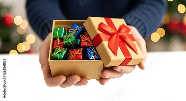 Obraz Person holding open a small golden gift box filled with colorful miniature wrapped presents for a celebration or holiday