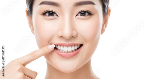 Obraz Closeup portrait of a smiling asian woman pointing to her perfect white teeth isolated on white background