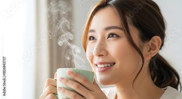 Obraz Young asian woman smiling while enjoying a warm, steaming beverage in a light green mug indoors near a window