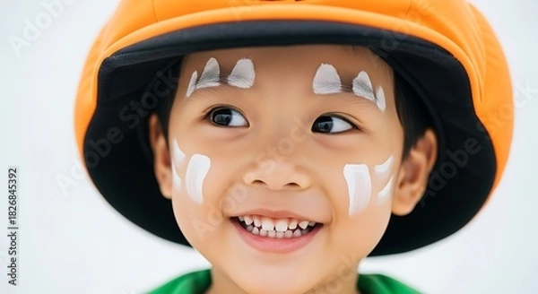 Obraz Close up of a happy young asian child wearing an orange sun hat with white sunscreen applied to forehead and cheeks
