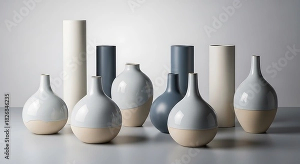 Obraz Collection of modern ceramic vases in soft bluegray and cream tones with cylindrical accents