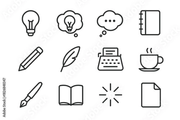 Fototapeta Brainstorming Icon Set. Brainstorming Prompts. Line icon set of Brainstorming Prompts: lightbulb, idea cloud, thought bubble, notebook, pencil,