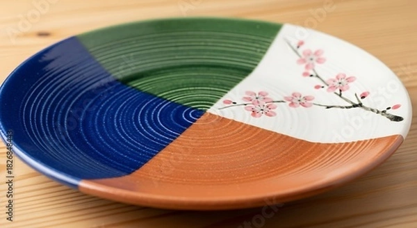 Obraz Colorful ceramic plate with four distinct color sections and delicate cherry blossom design on a wooden surface