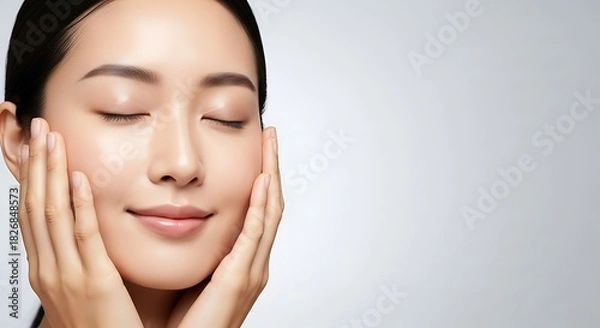 Obraz Closeup portrait of a serene young asian woman gently touching her smooth, glowing facial skin with both hands