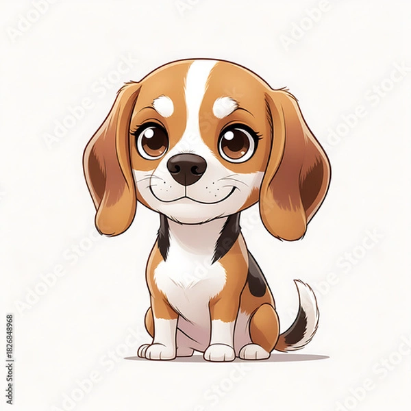 Obraz A cute young beagle puppy, a purebred domestic hound dog, sitting in a studio portrait on white, is an adorable mammal