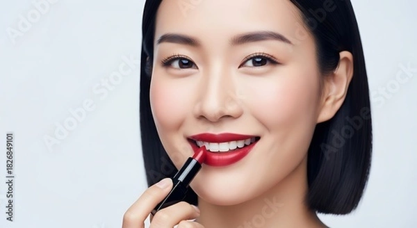 Obraz Beautiful asian woman applying vibrant red lipstick for a perfect smile isolated on white background