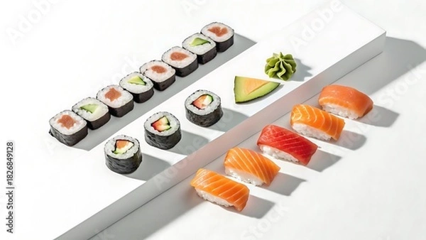 Fototapeta Delicious sushi rolls with salmon, tuna and avocado on white  