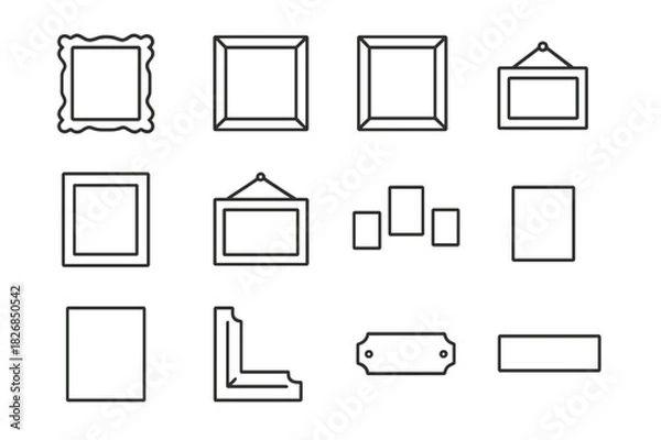 Fototapeta Art Frame Icon Set. Art frames. Line icon set of art frames: ornate border, modern frame, wood frame, thin metal frame, frame with mount, hanging wire, nail,