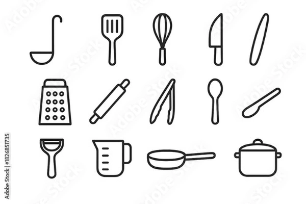 Fototapeta Minimalist Cooking Icons. Cooking utensils. Line icon set of cooking utensils: ladle, spatula, whisk, knife, grater, rolling pin, tongs, spoon, peeler,