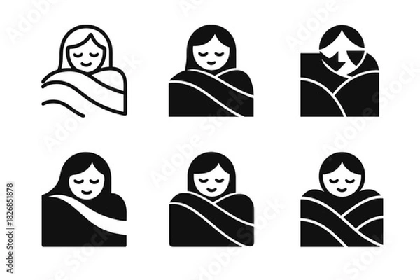 Fototapeta Comfort Logo Variations. Snuggling under the covers. Icon set. Set Logo of snuggling under the covers: cozy blanket folds. harmonious logo variations of the