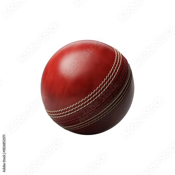 Fototapeta Red leather cricket ball with a visible seam, isolated on a white background as a sports object for the game of cricket