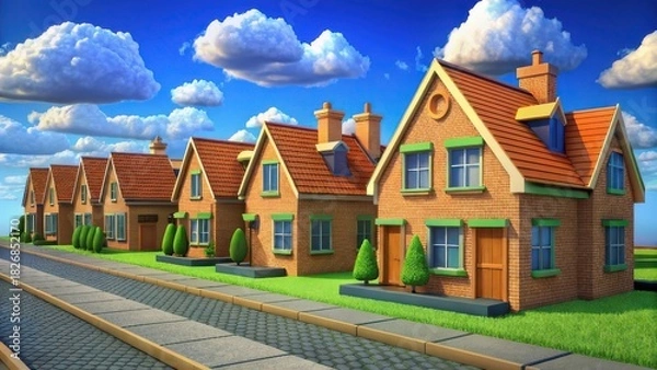 Fototapeta Row of charming animated houses with green lawns under blue sky