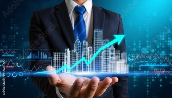 Fototapeta Businessman with digital real estate skyline, upward financial chart, market trend graph, urban building hologram, investment dashboard, corporate growth visualization, economic analysis display.