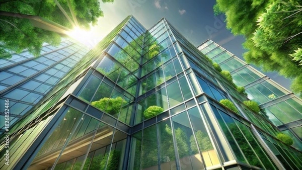 Fototapeta Modern green glass building with lush trees under bright sun light