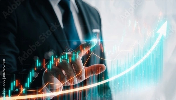 Obraz Businessman hand with financial chart, upward arrow, market data, digital graph, economic growth, investment trend, corporate analysis, profit indicator, technology interface.