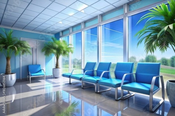 Fototapeta Modern waiting room with blue chairs, large windows, and palm trees