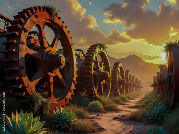 Fototapeta Large Steampunk gears abandoned in the desert