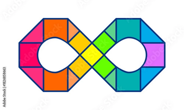 Fototapeta Colorful neurodiversity infinity symbol. Stylized sign in vibrant geometric blocks representing diversity, inclusion, autism awareness, and mental well-being. Clean, modern vector illustration.  