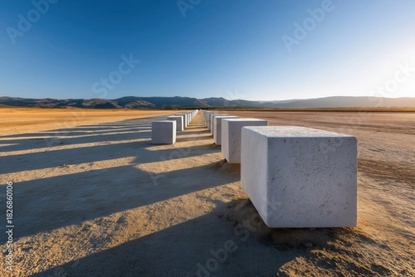 Fototapeta Concrete blocks forming straight path in open landscape, abstract metaphor for structure, planning and consistent progress