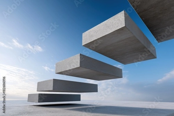 Fototapeta Floating concrete staircase under open sky, abstract metaphor for structured growth, elevation and step-by-step business progress